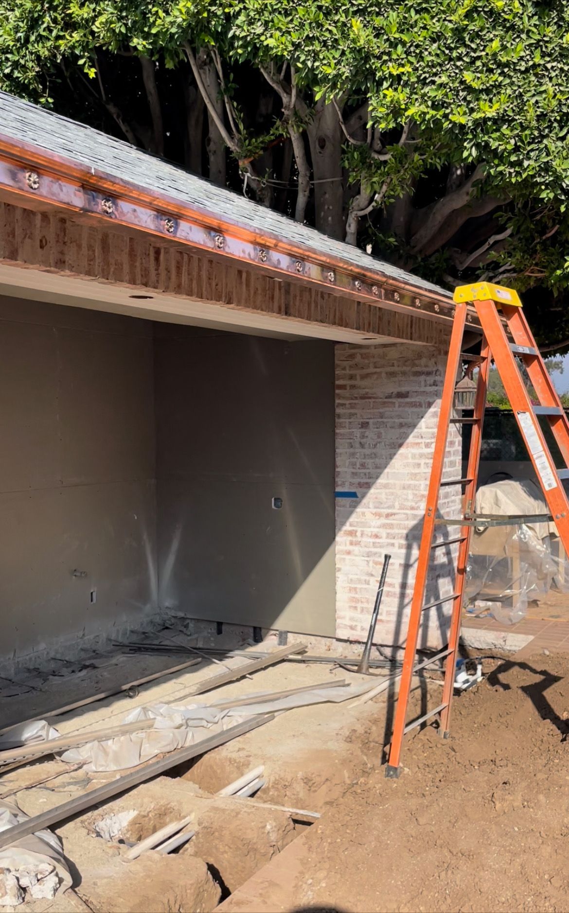 Copper gutter installation earlier view